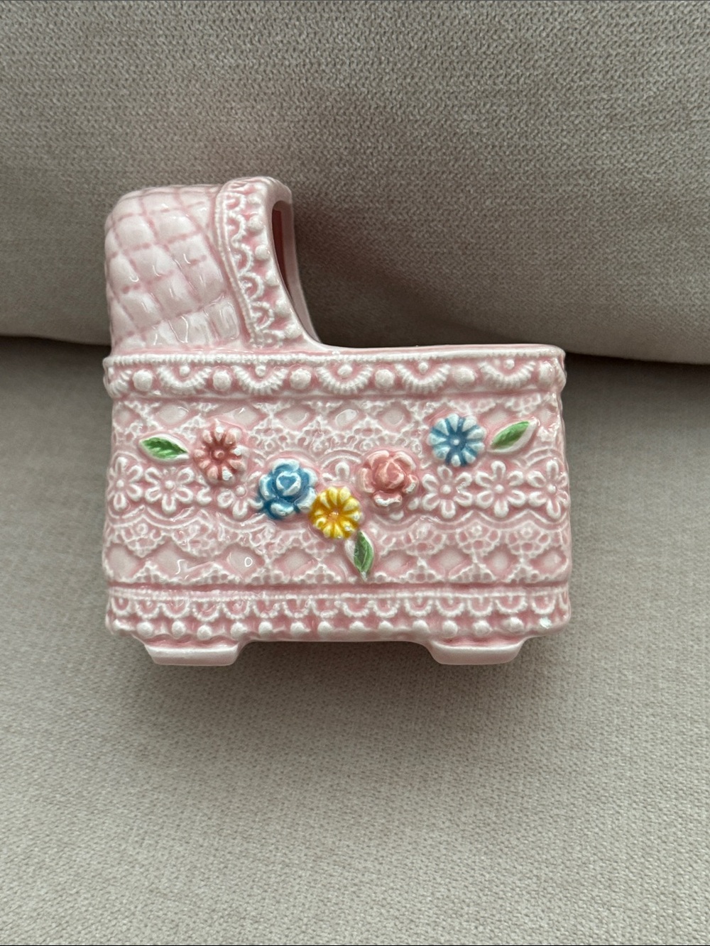 Vintage Ceramic Napco Baby Pink Bassinet Planter